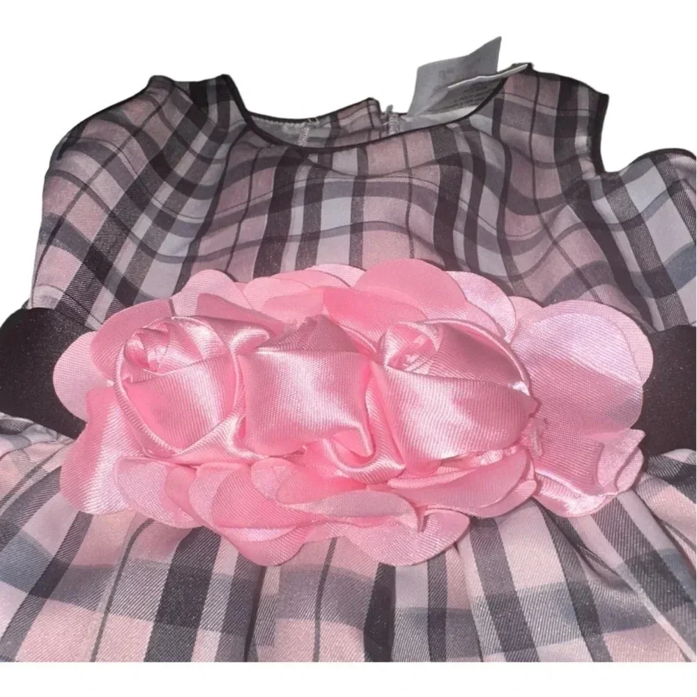 Joe-Ella dress. Black/Pink with pink roses and tie back Size 9-12m